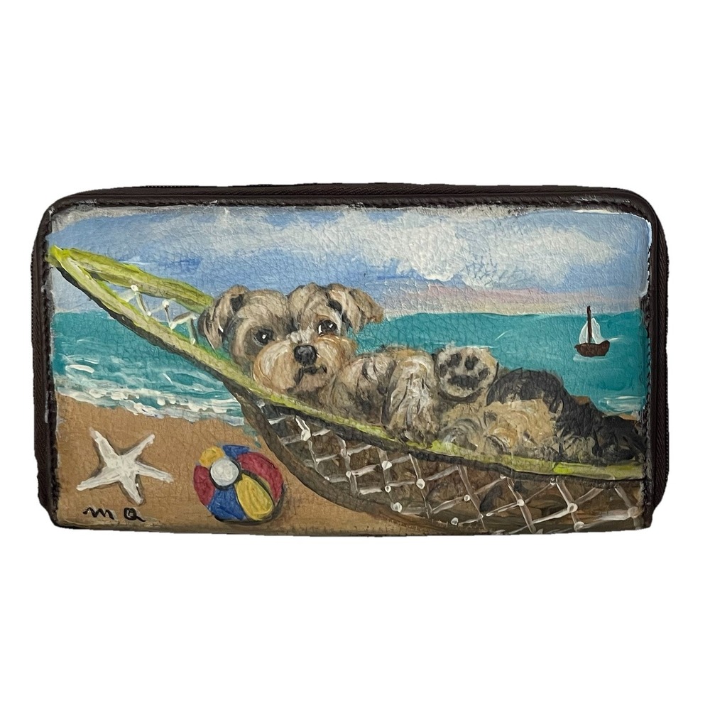 Dopp Brown Leather Yorkie Beach Scene Hand Painted Wallet NWOT Signed Art
